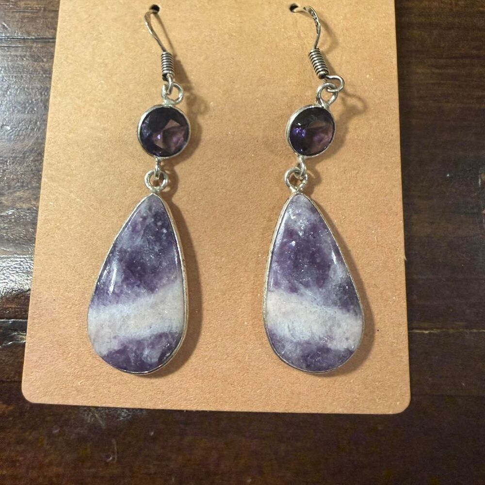 Purple and white amethyst sterling silver teardrop earrings